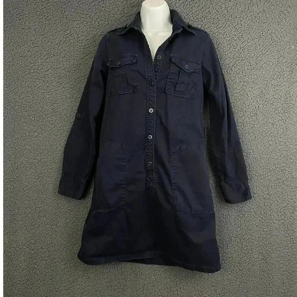 J.Crew Dark Blue Trench Dress Sz 4 - Button Up Long Sleeve Collared 100% Cotton - Picture 7 of 12